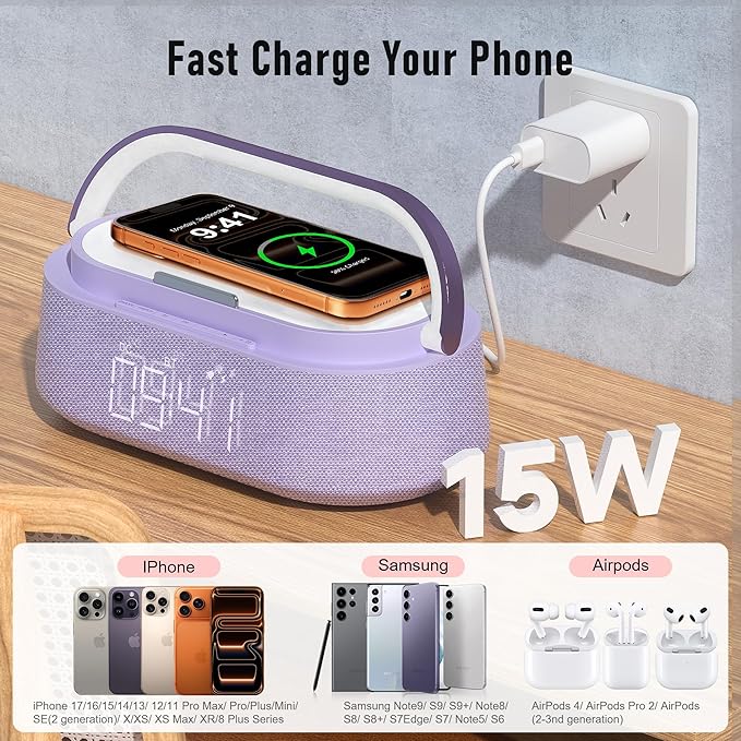 FREEFISH Bluetooth Speaker with Wireless Charger, FM Radio, Dimmer Night Light, Phone Holder, Wireless Charging Speakers for iPhone Samsung, Bedrooms Home Office Gifts
