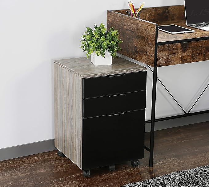 JJS 3 Drawer Rolling Wood File Cabinet with Locking Wheels, Home Office Portable Vertical Mobile Wooden Storage Filing Cabinet for A4 or Letter Size, Black