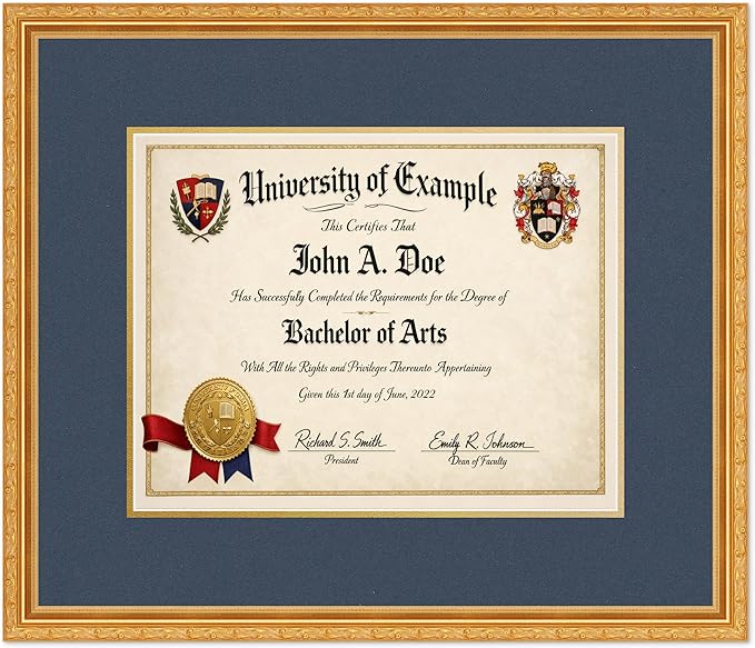 CountryArtHouse Diploma Frame Fits 14 x 11 College Diploma (Modern) - Keepsake Graduation Display Museum Gold Genuine Hardwood with Navy Blue Over Metallic Gold Double mat
