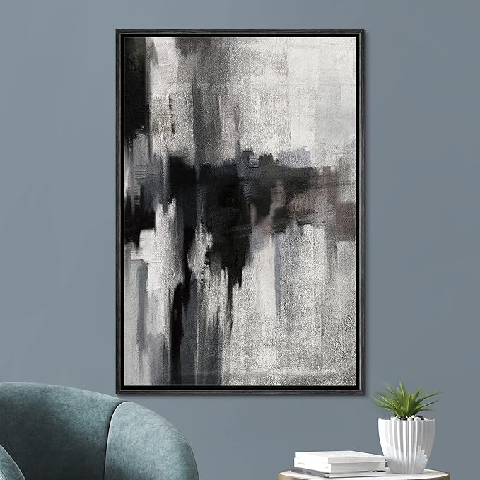 SIGNFORD Framed Canvas Print Wall Art Black Brushstrokes on Gray Background Abstract Shapes Illustrations Alternative Edgy Dark for Living Room, Bedroom, Office - 16"x24" Black