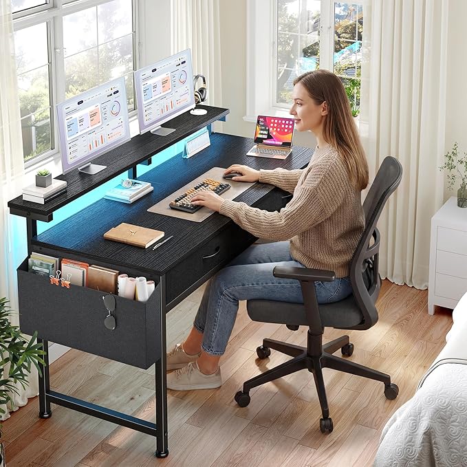 47.3Inch Gaming Desk with LED Lights with 2 Drawers, Home Office Desk Computer Desk with Side Pocket & Ergonomic Monitor Stand, Small Space Study Writing Table with Anti-Tip Design,Black