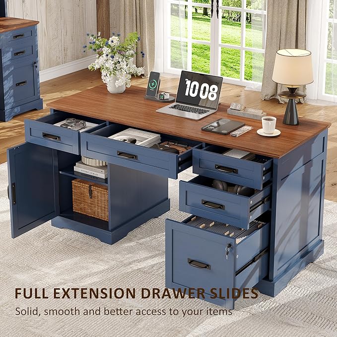 Whalefall 55'' Farmhouse Desk Home Office with Drawers, Executive Computer Desk Wooden with File Cabinet and Charging Station, Blue
