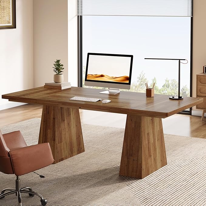 Tribesigns 63-Inch Executive Desk, Modern Office Computer Desk with Sturdy Double Pedestal, Large Study Writing Table Simple Workstation for Home Office, Light Brown