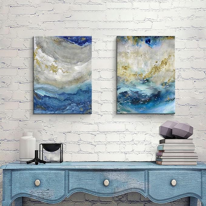 Hardy Gallery Blue Abstract Canvas Wall Art: Beige Print Picture Artwork for Bathroom without hand painted gold foils for Small Size(16'' x 12'' x 2 Panels)
