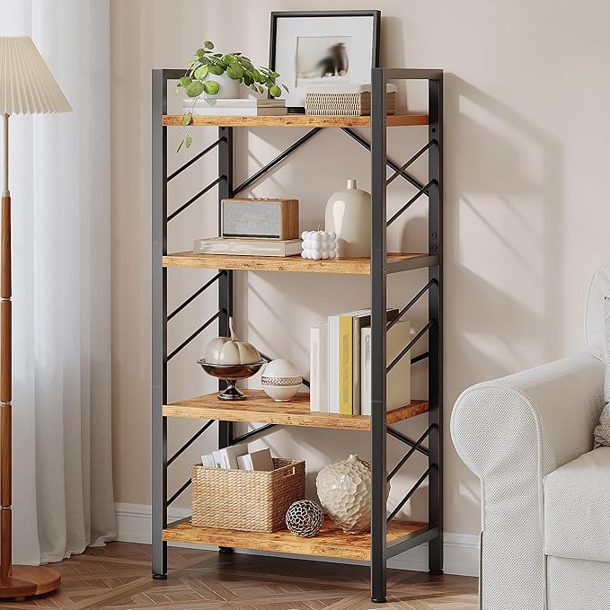 4 Tier Bookshelf, Industrial Bookcase with Metal Frame and Sidebars, Small Bookshelf for Bedroom, Home Office and Living Room, Rustic Brown