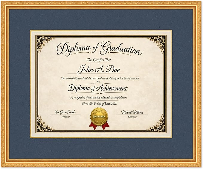 Diploma Frame Museum Gold with Navy Blue Over Gold Double Mat - Fits 17 x 13 International Diploma Wall Display Made in the USA