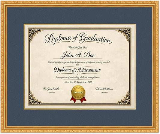 Diploma Frame Museum Gold with Navy Blue Over Gold Double Mat - Fits 17 x 13 International Diploma Wall Display Made in the USA