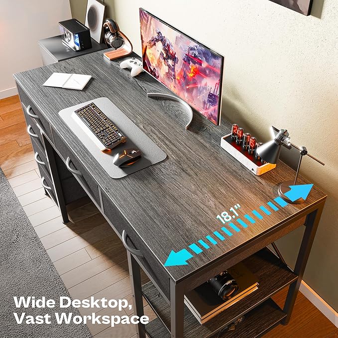 Huuger Computer Desk with 6 Drawers, Office Desk with Shelves, Reversible Gaming Desk, Corner Desk with Storage, Work for Home Office, Study, Living Room, 47inch, Gray