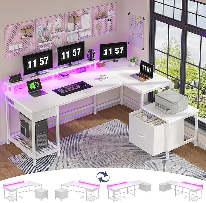 96.5'' Computer Desk with Drawers, Gaming Desk with LED Lights & Monitor Shelf, Office Desks with Power Outlets, L Shaped White Corner Desks for Home Office, Study Room and Bedroom, White