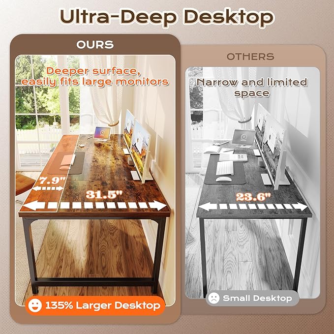 Huuger 71 x 31.5 Inch Desk with Power Outlets & USB-C, 0.95 Inch Thicker Desktop, Robust Metal Tubes, Deep Computer Desk, Heavy Duty Office Desk, Work Desk for Home Office, Rustic Brown