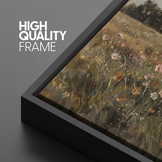 SIGNFORD Extra Large Framed Canvas Pastoral Flower Field Landscape Classic Illustrations Modern Art Calm Warm for Living Room, Bedroom, Office - 60"x30"