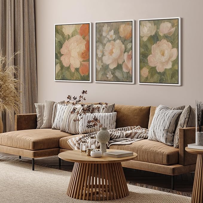 SIGNFORD Framed Wall Art Print Set Soft Pastel Peony Floral Romantic Botanical Digital Art Modern Art Contemporary for Living Room, Bedroom, Office - 16"x24"x3 WHITE