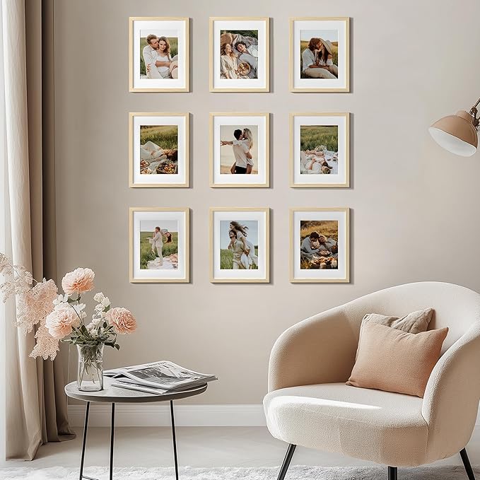 eletecpro 11x14 Picture Frames Set of 9 Farmhouse Gallery Wall Frame Set, Displays 8x10 Photos with Mat or 11x14 No Mat, Natural Picture Frames Collage Wall Decor for Home Decor