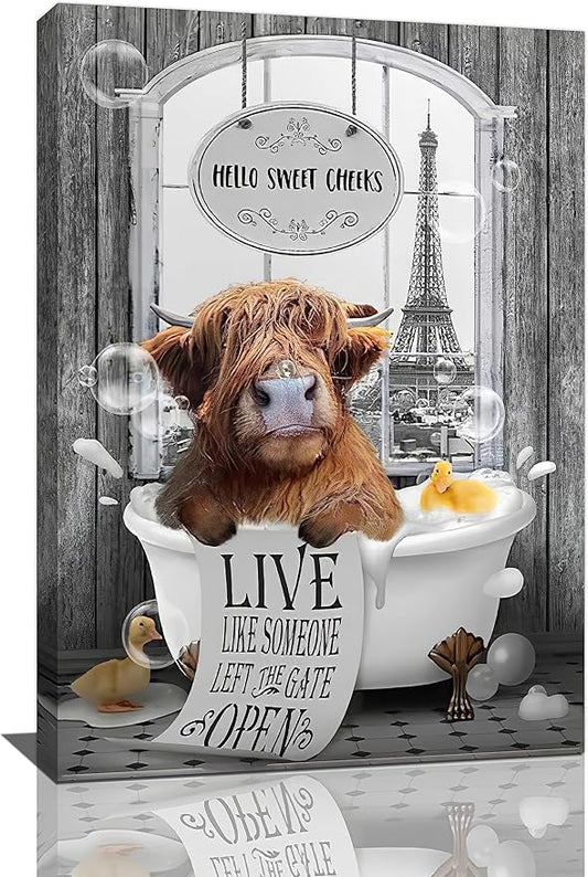 yerretin Funny Highland Cow Bathroom Wall Art Cow in Bathtub Pictures Wall Decor Hello Sweet Canvas Painting Modern Artwork Bathroom Decorations Framed Ready to Hang 16"x24"