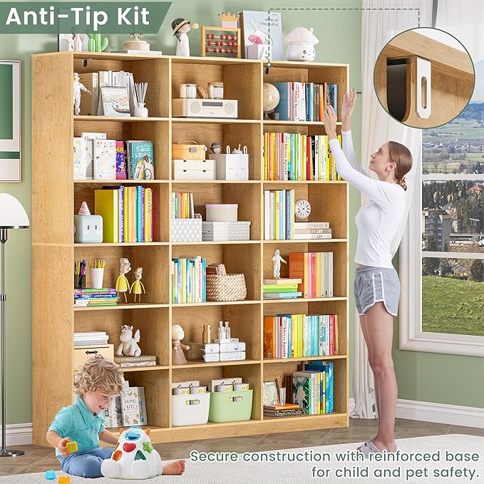 Natural Bookcase with Open Display Shelves, Large Triple Wide Bookshelf, 71.6” Tall 6 Tier Book Case for Living Room, Home Office, Library Bookshelf 2PCS