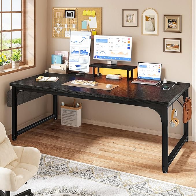 63 Inch Gaming Desk with 0.95 Inch Thicker Desktop, Computer Desk with Power Outlets & Monitor Stand & LED Light & Storage Bag, Office Writing Desk for Home Office, Study, Bedroom, Black