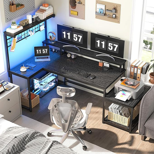 EnHomee 63" L Shaped Gaming Desk with LED Lights & Power Outlets,Reversible Corner Gaming Table with Storage Shelf & Hooks,Computer Desk with Monitor Stand & Print Stand for Bedroom,Home Office,Black
