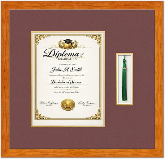 Diploma and Tassel Frame Fits 8.5 x 11 Certificate (Portrait) with Tassel Hook Honey Oak Genuine Hardwood Shadowbox with Dark Red Over Metallic Gold Double mat