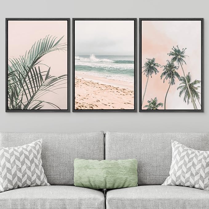 SIGNWIN Framed Canvas Print Wall Art Set Tropical Palm Leaf Beach Ocean Shore Landscape Nature Wilderness Photography Modern Art Realism Decorative for Living Room, Bedroom, Office - 24"x36"x3 Black