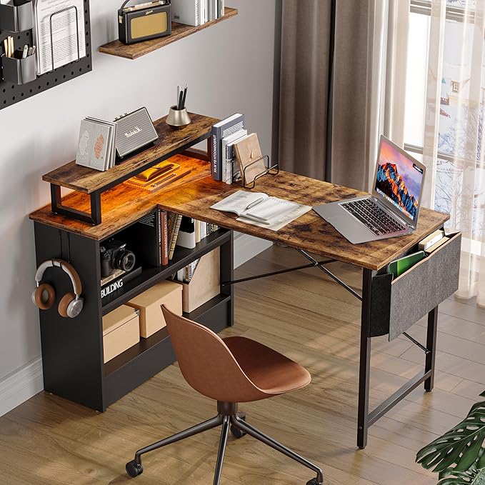 Bestier Small L Shaped Desk with LED Lights, 42 Reversible Computer Desk with Open Storage Cabinet & Monitor Stand, Corner Desk with Side Storage Bag for Home Office Bedroom, Rustic Brown