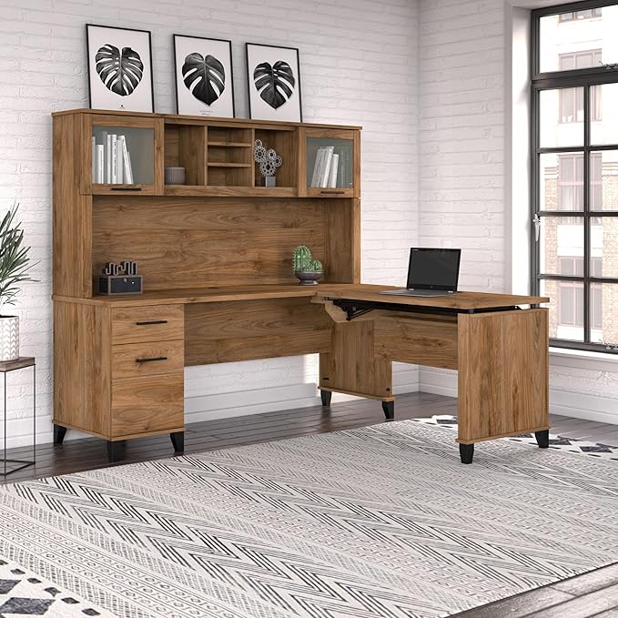 Bush Home Somerset 72W 3 Position Sit to Stand L Shaped Desk with Hutch in Fresh Walnut | Adjustable Height Table for Home Office