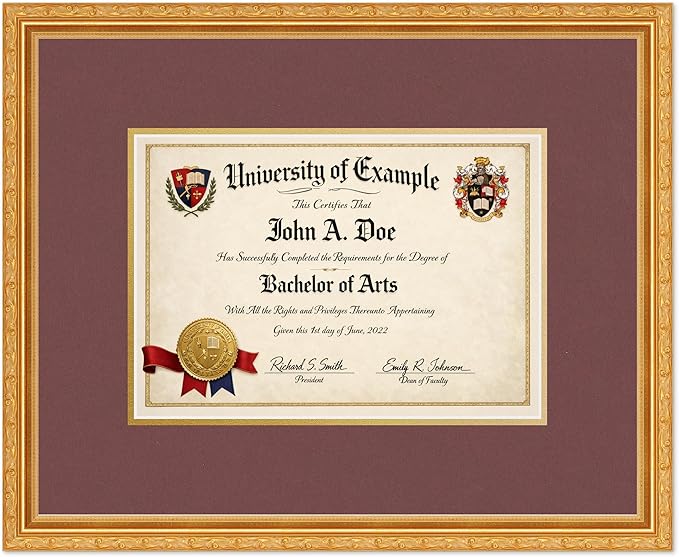 CountryArtHouse Diploma Frame Fits 11.69 x 8.27 A4 Certificate - Keepsake Graduation Display Museum Gold Genuine Hardwood with Dark Red Over Metallic Gold Double mat