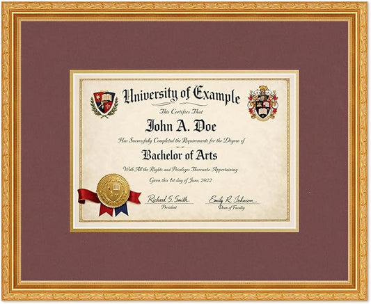 CountryArtHouse Diploma Frame Fits 11.69 x 8.27 A4 Certificate - Keepsake Graduation Display Museum Gold Genuine Hardwood with Dark Red Over Metallic Gold Double mat