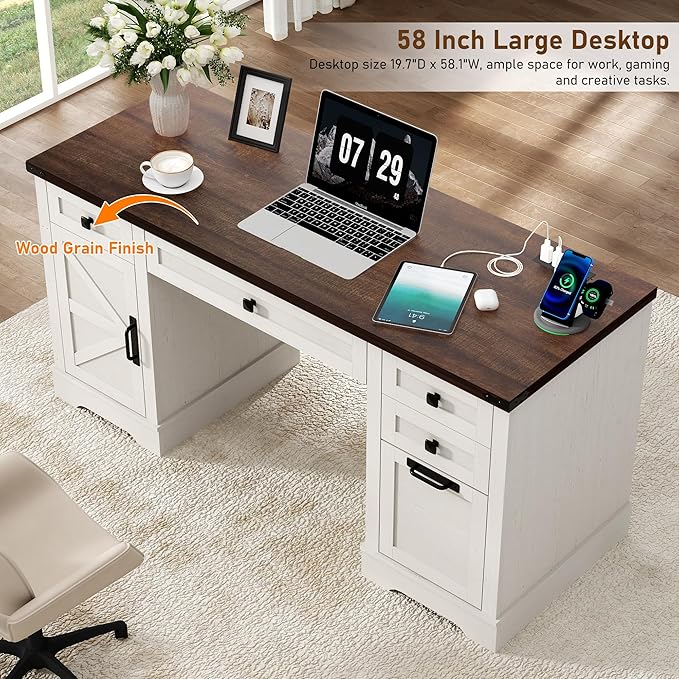 58'' Farmhouse Home Office Desk with Drawers, Wooden Executive Desk with Charging Station, File Drawers and Storage Cabinet, Computer Desk for Work, Study and Writing, Rustic White