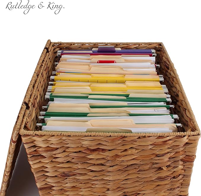 Seagrass Rolling File Cabinet - Home Filing Cabinet - Hanging File Organizer - Home and Office Wicker File Cabinet - Water Hyacinth Storage Basket for File Storage (Natural)