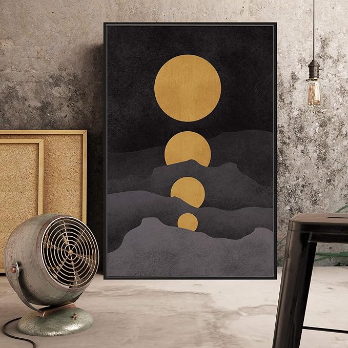 SIGNFORD Framed Canvas Print Wall Art Golden Moons in Dark Landscape Abstract Wilderness Illustrations Modern Art Scenic for Living Room, Bedroom, Office - 24"x36" Black