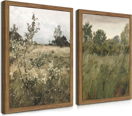 Vintage Landscape Wall Art Set of 2, Green Natural Wilderness Farmhouse Canvas Wall Decor Paintings, Retro Country Wildflower Oil Pictures Posters Prints for Living Room Bedroom 12x16 Inch Wood Framed