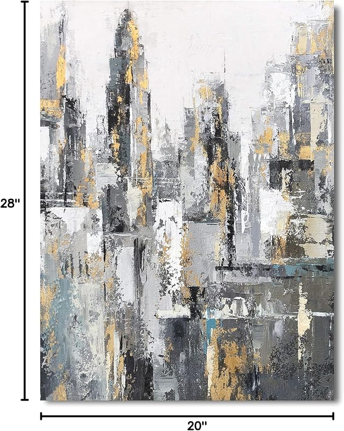 Yihui Arts Modern Abstract Chicago City Canvas Wall Art Painting with Gold Foil Hand Painted Skyline Pictures for Bedroom Decoration