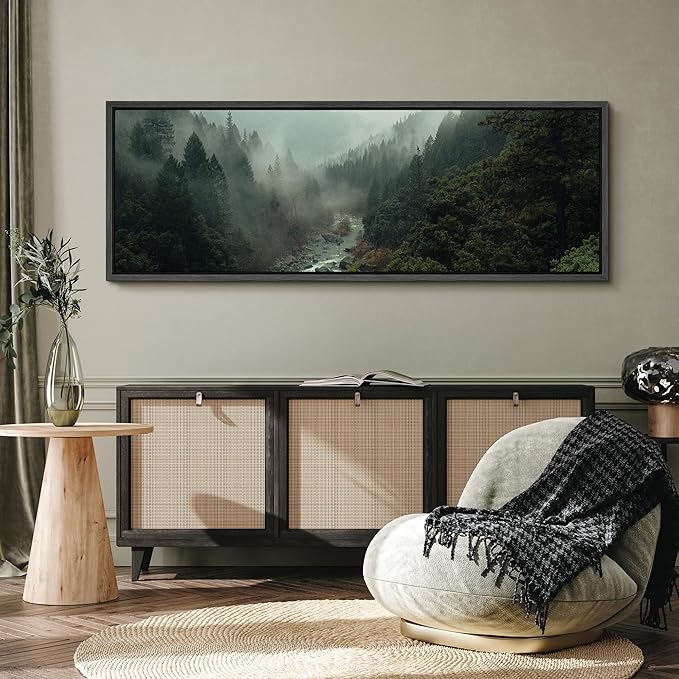 SIGNFORD Large Framed Canvas Misty Forest River Landscape Nature Photography Illustrations Modern Art Calm Warm for Living Room, Bedroom, Office - 60"x20"