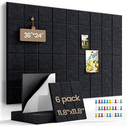 36" x 24" Large Black Cork Board Alternative - 6 Pack Felt Bulletin Board with 30 Push Pins, Felt Wall Tiles Pin Board for Walls Office Home School Decor, Aesthetic Cork Squares, Black