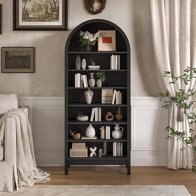 Tall Arched Bookshelf, 7-Tier Bookcase with 3 Adjustable Shelves, Modern Farmhouse Storage Shelf for Living Room, Entryway, Office, 29.5" W x 70.1" H x 13.8" D, Black