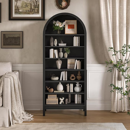 Tall Arched Bookshelf, 7-Tier Bookcase with 3 Adjustable Shelves, Modern Farmhouse Storage Shelf for Living Room, Entryway, Office, 29.5" W x 70.1" H x 13.8" D, Black