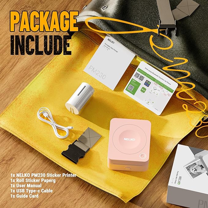 Nelko Sticker Printer, PM230 Print Pod Mini Bluetooth Portabel Sticker Maker with 1 Rolls Paper, Print Pods with Multiple Templates for Phone & Tablet, Smart AI APP Family, Pink