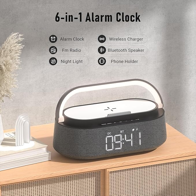 FREEFISH 6 in 1 Bluetooth Speaker with Fast Wireless Charger,FM Radio,Touch LED Night Light,Phone Holder,Snooze,Portable Wireless Speaker for Bedrooms Office Home,Gifts (Black)