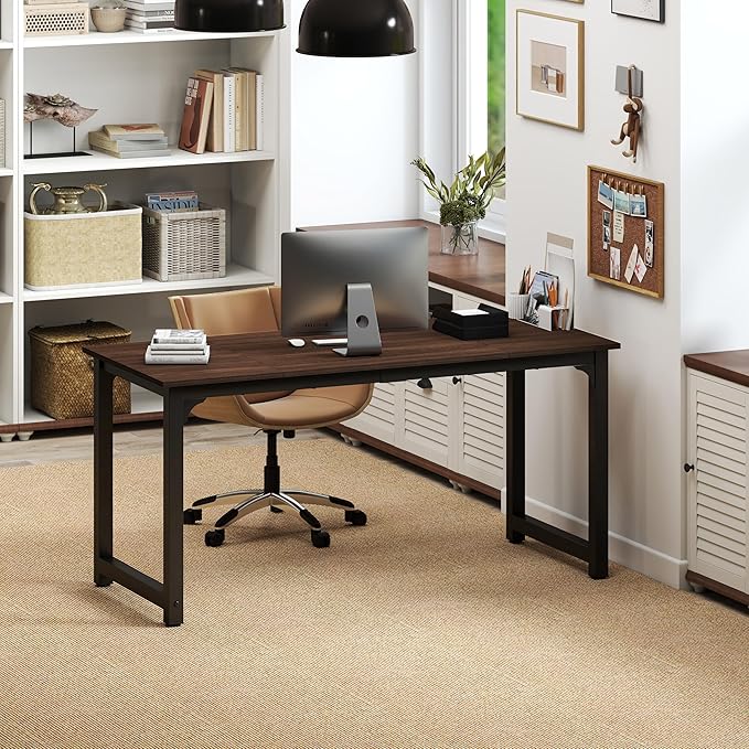 NSdirect Large Office Desk for Home Office, Large 63” Computer Desk Table, Wide Writing Study Desk for 2 Person, Metal Sturdy Frame Thicker Steel Legs, Black Chocolate