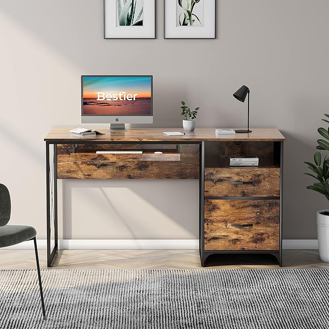 Bestier Office Desk with Drawers, 55 inch Industrial Computer Desk with Storage, Wood Teacher Desk with Keyboard Tray & File Drawer for Home Office, Rustic Brown