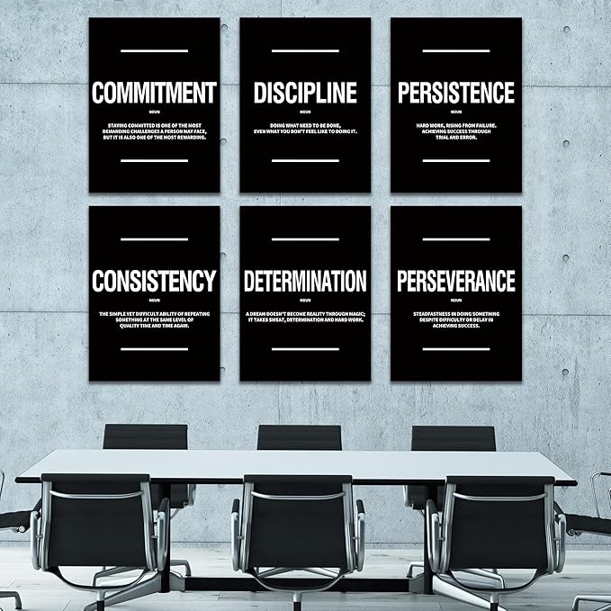 COSCTOR Set of 6 Motivational Wall Art Decor Inspirational Quotes Framed Canvas Black and White Pictures for Workplace Office Garage Gym Classroom Bedroom(Framed,12x16)