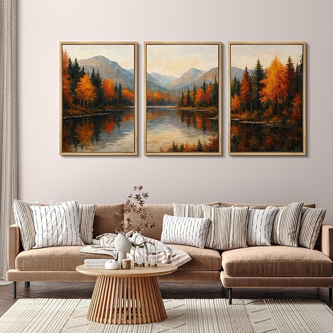 SIGNFORD Framed Wall Art Print Set Autumn Mountain Lake Vibrant Fall Forest Landscape Digital Art Modern Art Contemporary for Living Room, Bedroom, Office - 16"x24"x3 Natural