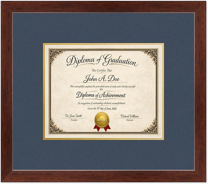 Diploma Frame Rustic Walnut with Navy Blue Over Gold Double Mat - Fits 10 x 8 Professional License Wall Display Made in the USA