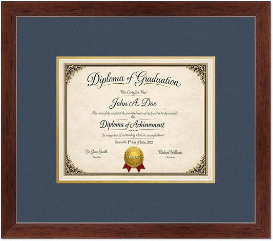 Diploma Frame Rustic Walnut with Navy Blue Over Gold Double Mat - Fits 10 x 8 Professional License Wall Display Made in the USA