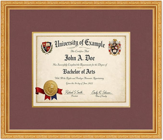 CountryArtHouse Diploma Frame Fits 11 x 8.5 US Letter Certificate - Keepsake Graduation Display Museum Gold Genuine Hardwood with Dark Red Over Metallic Gold Double mat