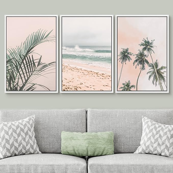 SIGNWIN Framed Canvas Print Wall Art Set Tropical Palm Leaf Beach Ocean Shore Landscape Nature Wilderness Photography Modern Art Realism Decorative for Living Room, Bedroom, Office - 24"x36"x3 White