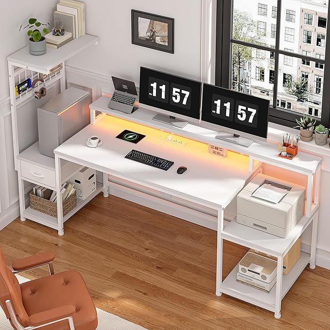 63" Gaming Desk with LED Lights & Outlets,Computer Desk with Drawers & Monitor Stand,Gaming Table with Storage Shelves & Printer Space for Game Room,Study Room,Home Office,Bedroom,White