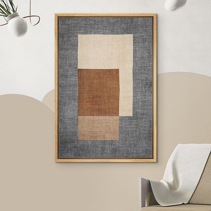 IDEA4WALL Framed Canvas Print Wall Art Mid-Century Brown & Blue Blocks Abstract Geometric Illustrations Modern Art Minimalism Shapes Multicolor Boho for Living Room, Bedroom, Office - 16"x24" Natural
