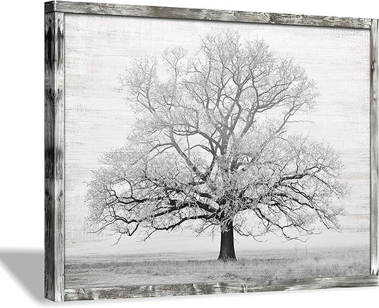 Wooden Winter Tree Wall Art: Farmhouse Foggy Landscape Picture Painting Print on Natural Wood with Handcrafted Rustic Wooden Framed Artwork (16” x 12”)