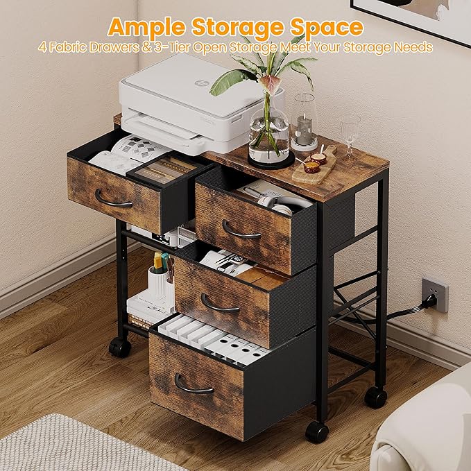 4 Drawer File Cabinet with Charging Station, Rolling Printer Stand Table with Open Storage Shelf, Mobile Fabric Filing Cabinet for Home Office, Rustic Brown